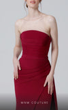 MNM Couture N0464 strapless bodycon gown with draped detailing.