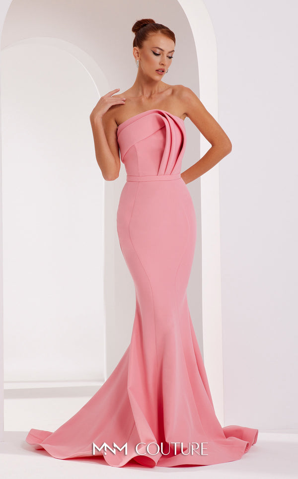 MNM Couture N0465 strapless mermaid gown with crumbcatcher bodice and sweep train. | Couture Shop LA