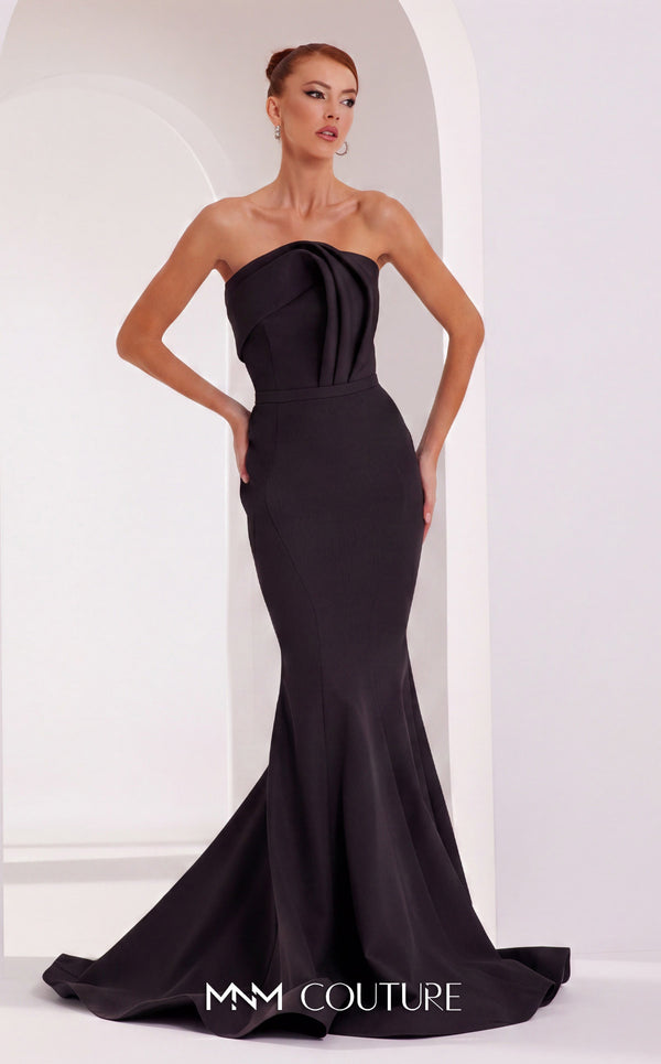 MNM Couture N0465 strapless mermaid gown with crumbcatcher bodice and sweep train. | Couture Shop LA