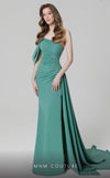 MNM Couture N0473 off-shoulder sheath gown with side slit and a cascading sash. | Couture Shop LA