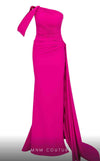 MNM Couture N0473 off-shoulder sheath gown with side slit and a cascading sash. | Couture Shop LA