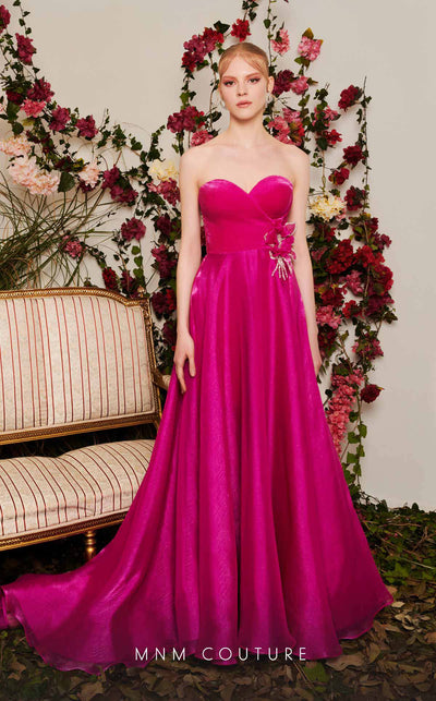 Chiffon A-line evening gown with floral embellishments, sweetheart neckline, and a flowing train. | Couture Shop LA