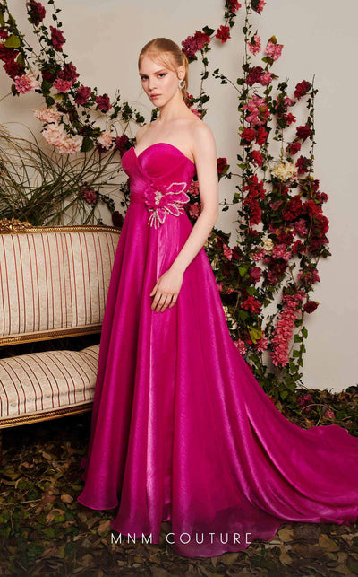Chiffon A-line evening gown with floral embellishments, sweetheart neckline, and a flowing train. | Couture Shop LA