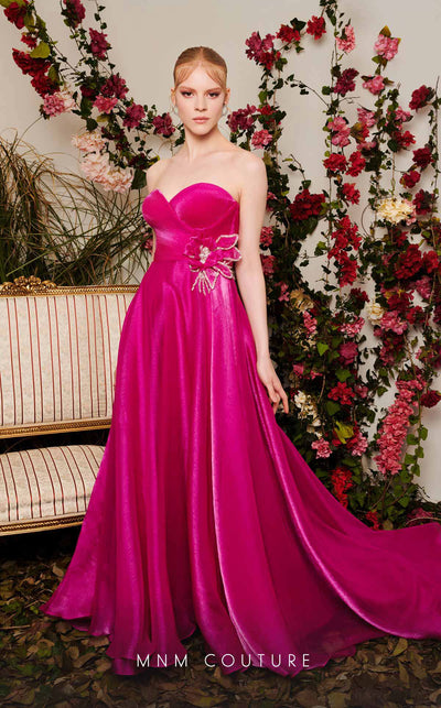 Chiffon A-line evening gown with floral embellishments, sweetheart neckline, and a flowing train. | Couture Shop LA