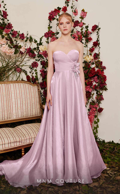 Chiffon A-line evening gown with floral embellishments, sweetheart neckline, and a flowing train. | Couture Shop LA