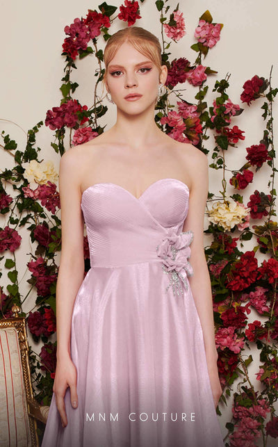 Chiffon A-line evening gown with floral embellishments, sweetheart neckline, and a flowing train. | Couture Shop LA