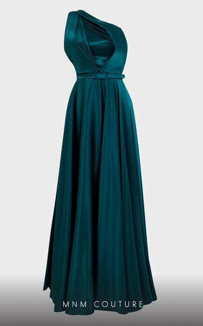 Crepe A-line evening gown with one-shoulder structure, sleek silhouette, and defined waistline. | Couture Shop LA