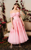 Off-shoulder sequin midi gown with sheer tulle skirt for a romantic and glistening style.