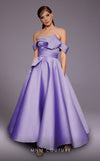 Mikado A-line midi dress with off-shoulder design and ruched detailing for stylish occasions. | Couture Shop LA