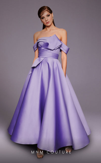 Mikado A-line midi dress with off-shoulder design and ruched detailing for stylish occasions. | Couture Shop LA