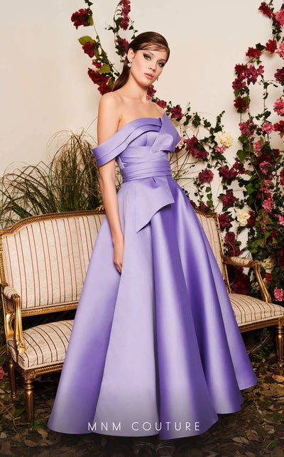 Mikado A-line midi dress with off-shoulder design and ruched detailing for stylish occasions. | Couture Shop LA