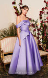 Mikado A-line midi dress with off-shoulder design and ruched detailing for stylish occasions. | Couture Shop LA