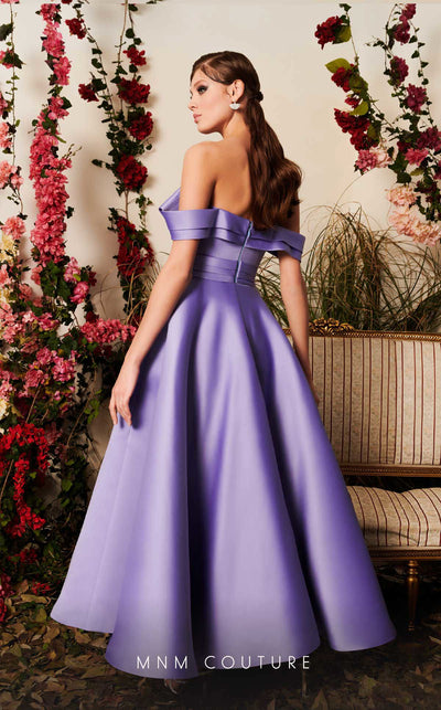 Mikado A-line midi dress with off-shoulder design and ruched detailing for stylish occasions. | Couture Shop LA
