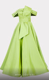 Mikado A-line midi dress with off-shoulder design and ruched detailing for stylish occasions. | Couture Shop LA