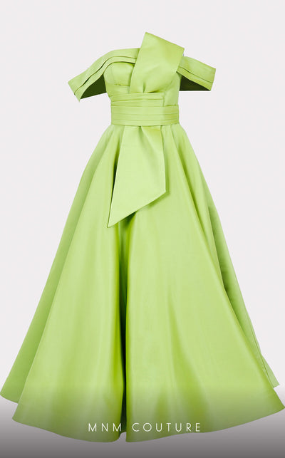 Mikado A-line midi dress with off-shoulder design and ruched detailing for stylish occasions. | Couture Shop LA