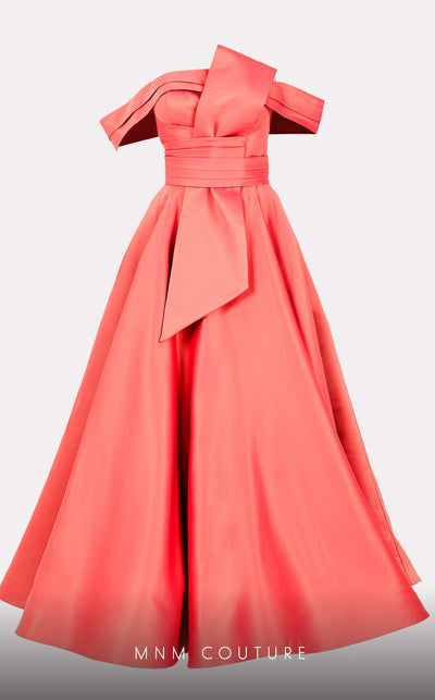 Mikado A-line midi dress with off-shoulder design and ruched detailing for stylish occasions. | Couture Shop LA