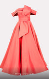 Mikado A-line midi dress with off-shoulder design and ruched detailing for stylish occasions. | Couture Shop LA