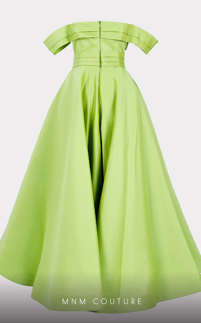 Mikado A-line midi dress with off-shoulder design and ruched detailing for stylish occasions. | Couture Shop LA