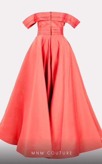 Mikado A-line midi dress with off-shoulder design and ruched detailing for stylish occasions. | Couture Shop LA