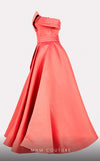 Mikado A-line midi dress with off-shoulder design and ruched detailing for stylish occasions. | Couture Shop LA