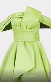 Mikado A-line midi dress with off-shoulder design and ruched detailing for stylish occasions. | Couture Shop LA