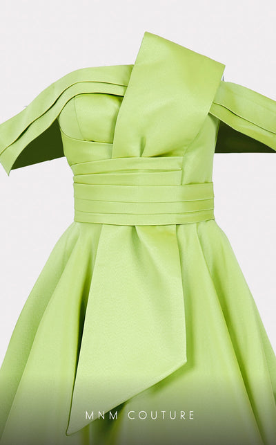 Mikado A-line midi dress with off-shoulder design and ruched detailing for stylish occasions. | Couture Shop LA