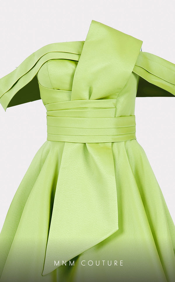 Mikado A-line midi dress with off-shoulder design and ruched detailing for stylish occasions. | Couture Shop LA