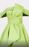 Mikado A-line midi dress with off-shoulder design and ruched detailing for stylish occasions. | Couture Shop LA