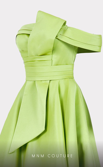 Mikado A-line midi dress with off-shoulder design and ruched detailing for stylish occasions. | Couture Shop LA