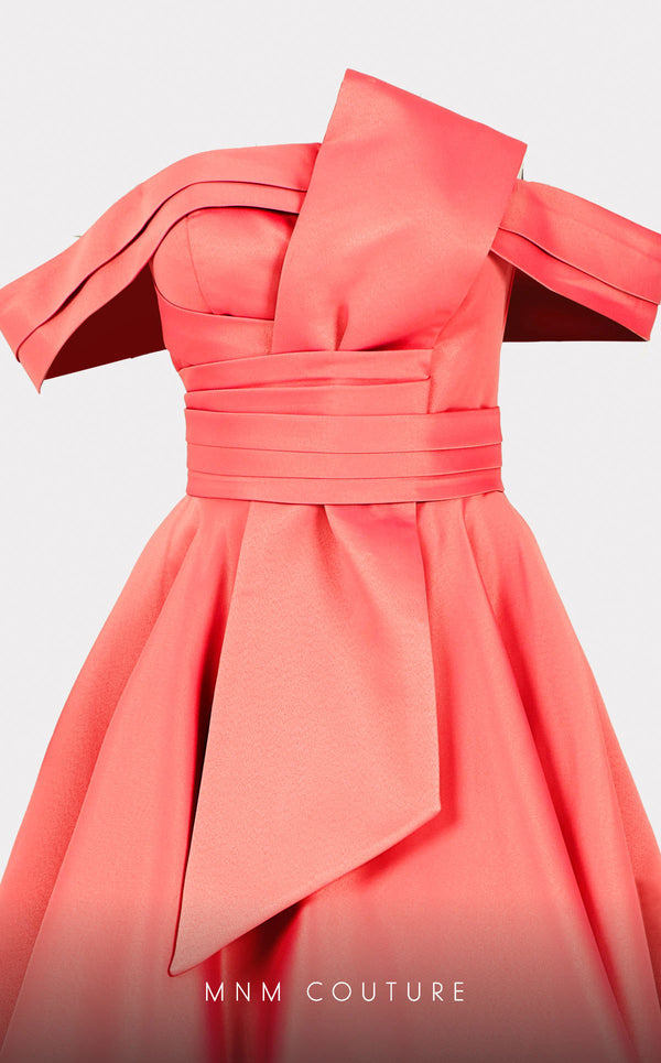 Mikado A-line midi dress with off-shoulder design and ruched detailing for stylish occasions. | Couture Shop LA