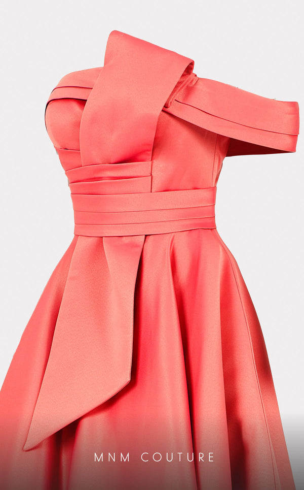 Mikado A-line midi dress with off-shoulder design and ruched detailing for stylish occasions. | Couture Shop LA