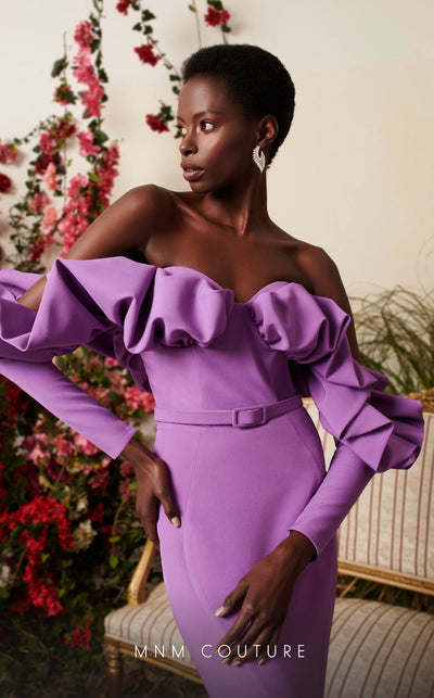 Strapless crepe mermaid gown with belt detail emphasizing the waistline for formal elegance. | Couture Shop LA