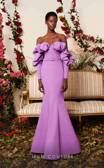 Strapless crepe mermaid gown with belt detail emphasizing the waistline for formal elegance. | Couture Shop LA