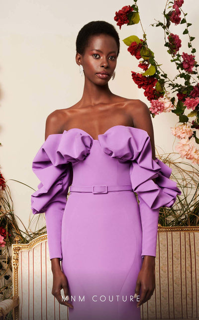 Strapless crepe mermaid gown with belt detail emphasizing the waistline for formal elegance. | Couture Shop LA
