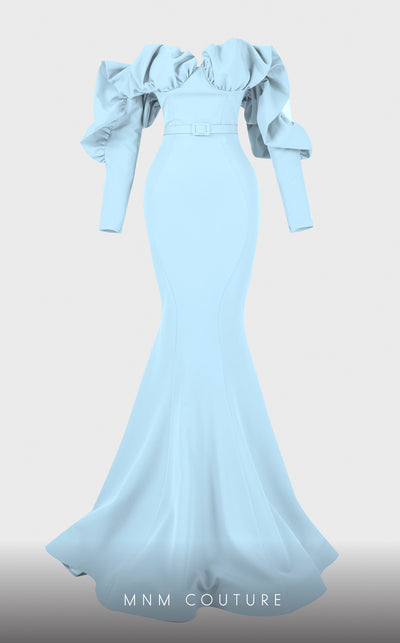 Strapless crepe mermaid gown with belt detail emphasizing the waistline for formal elegance. | Couture Shop LA