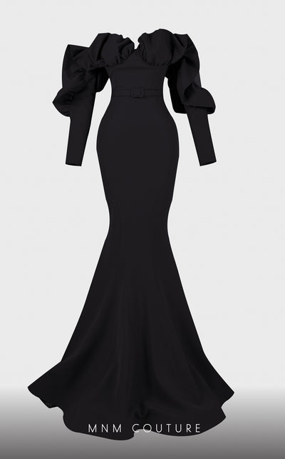 Strapless crepe mermaid gown with belt detail emphasizing the waistline for formal elegance. | Couture Shop LA