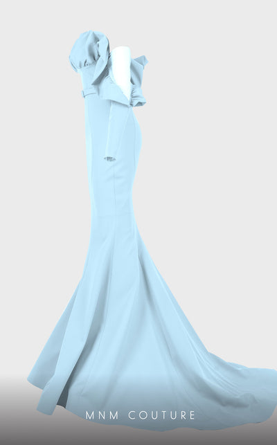 Strapless crepe mermaid gown with belt detail emphasizing the waistline for formal elegance. | Couture Shop LA
