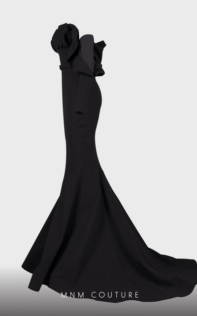 Strapless crepe mermaid gown with belt detail emphasizing the waistline for formal elegance. | Couture Shop LA