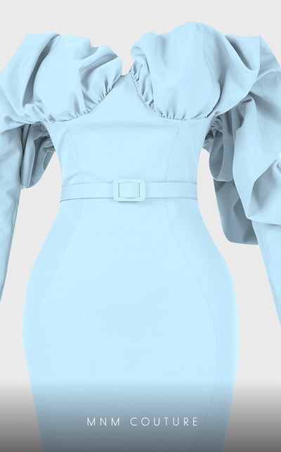 Strapless crepe mermaid gown with belt detail emphasizing the waistline for formal elegance. | Couture Shop LA