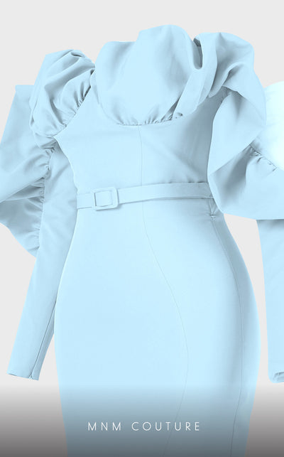 Strapless crepe mermaid gown with belt detail emphasizing the waistline for formal elegance. | Couture Shop LA