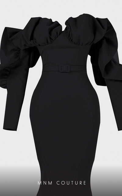Strapless crepe mermaid gown with belt detail emphasizing the waistline for formal elegance. | Couture Shop LA