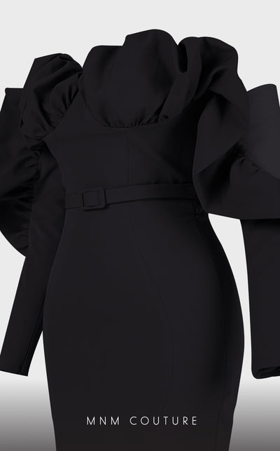 Strapless crepe mermaid gown with belt detail emphasizing the waistline for formal elegance. | Couture Shop LA