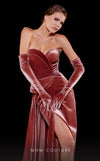 Strapless velvet evening gown with sweetheart neckline and slit for a classic and bold look. | Couture Shop LA