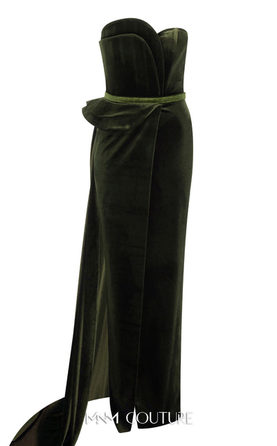 Strapless velvet evening gown with sweetheart neckline and slit for a classic and bold look. | Couture Shop LA