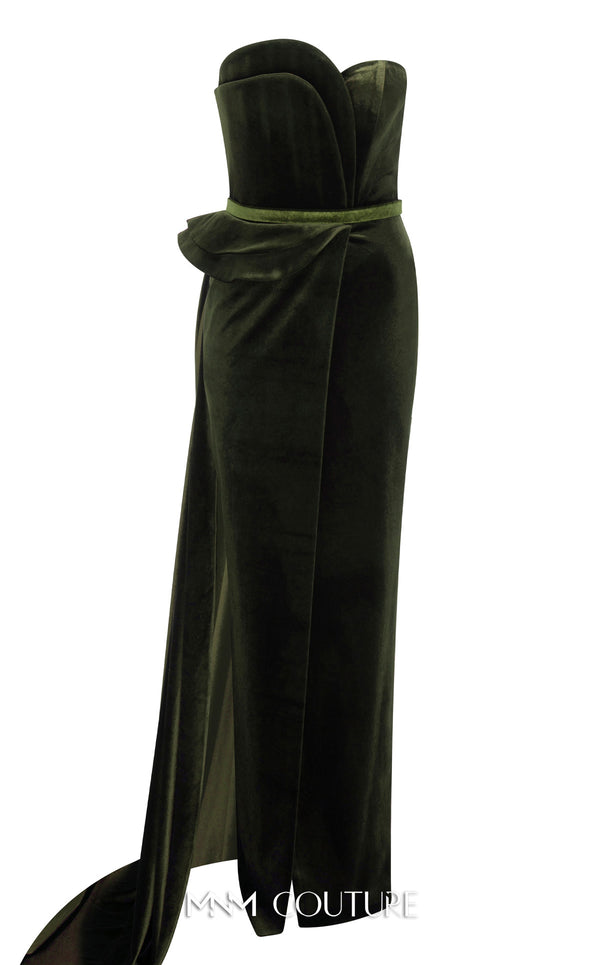 Strapless velvet evening gown with sweetheart neckline and slit for a classic and bold look. | Couture Shop LA