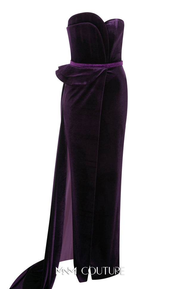 Strapless velvet evening gown with sweetheart neckline and slit for a classic and bold look. | Couture Shop LA