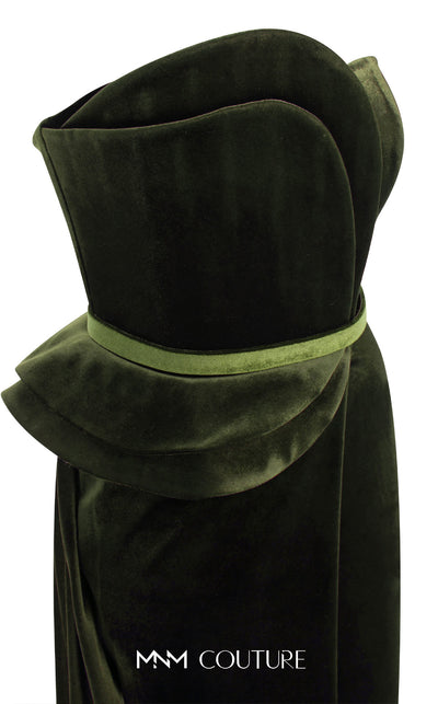 Strapless velvet evening gown with sweetheart neckline and slit for a classic and bold look. | Couture Shop LA