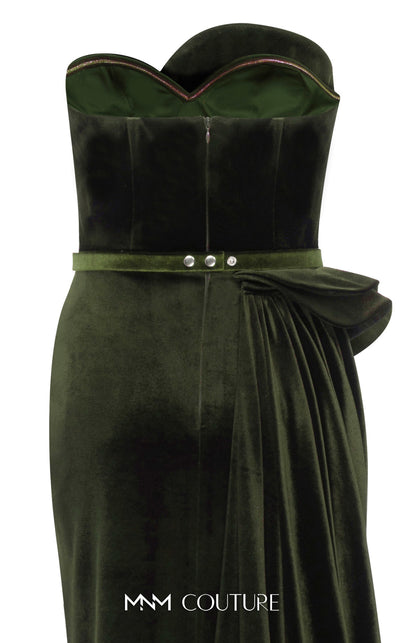 Strapless velvet evening gown with sweetheart neckline and slit for a classic and bold look. | Couture Shop LA