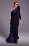 MNM Couture N0529 sheath floral gown with metallic sash and pleated accents. | Couture Shop LA