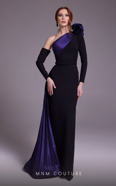 MNM Couture N0529 sheath floral gown with metallic sash and pleated accents. | Couture Shop LA